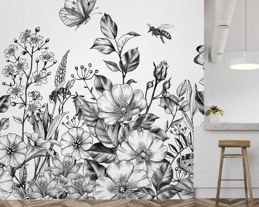 Schwarz-Weiß Blumen Fototapete