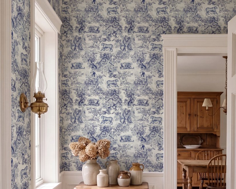 Jungle wallpaper with animals in navy toile, showing tigers, elephants and monkeys on an ivory cream ground