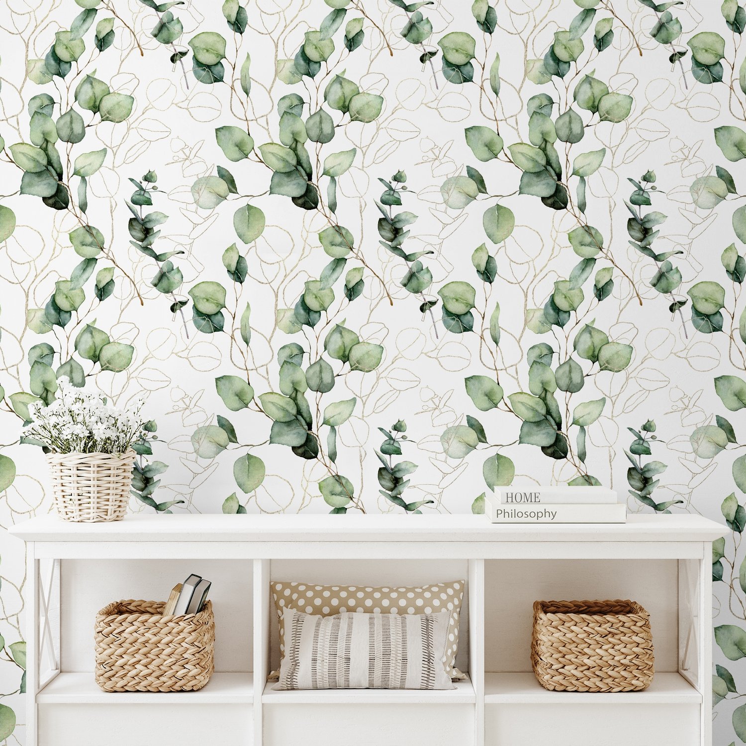 Watercolor Green Eucalyptus Leaf Wallpaper Mural - Peel and Stick