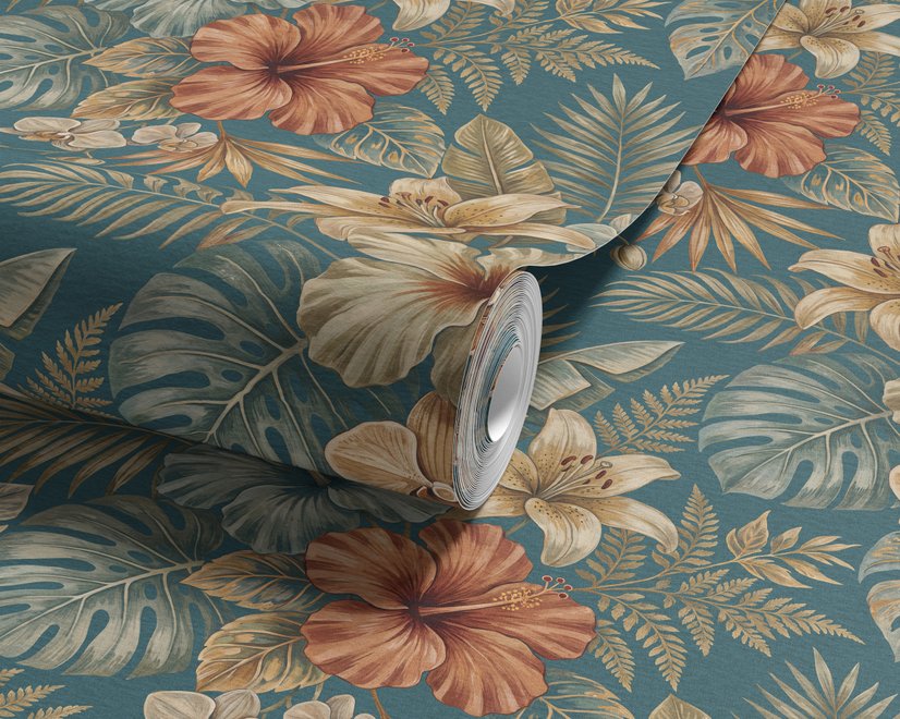 Blue tropical wallpaper with hibiscus, orchids, lilies, monstera leaves and palm fronds on a deep teal-blue ground