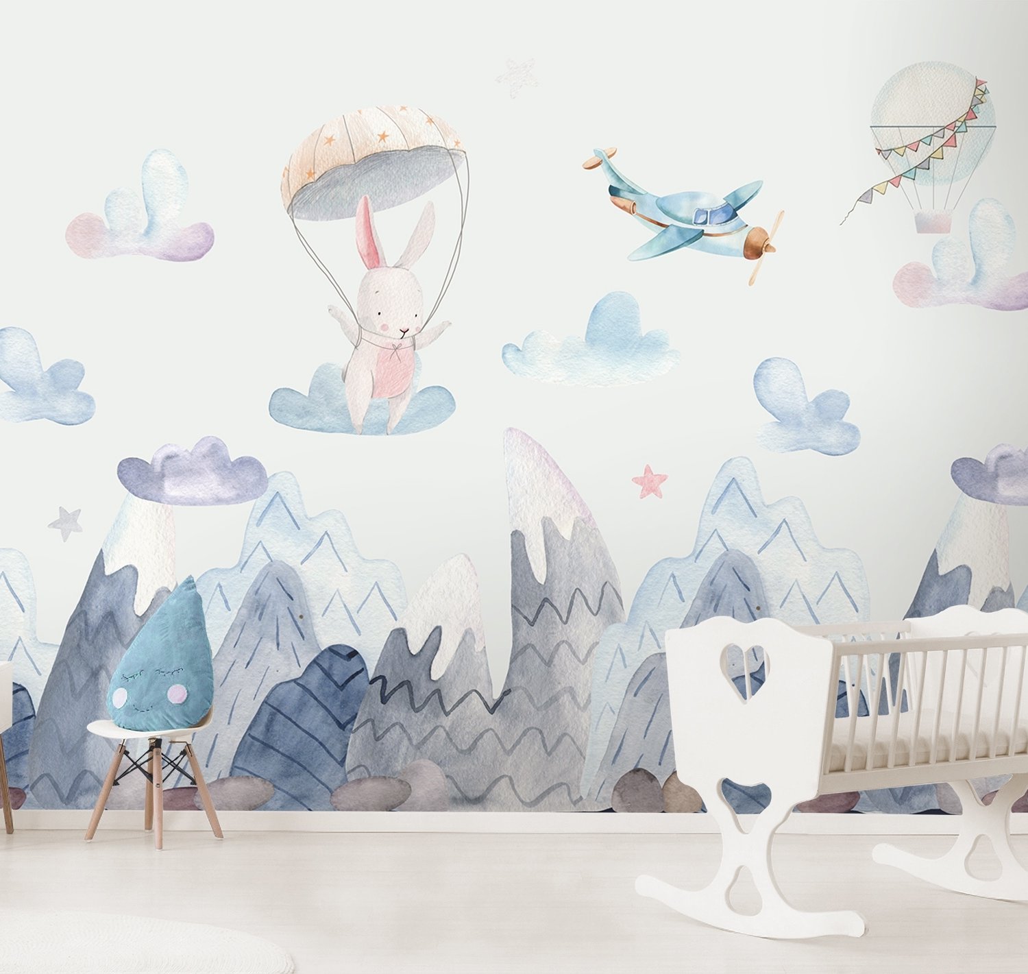Aquarell-Stil Kinderlandschaft mit süßem Hasen Fototapete - Selbstklebende