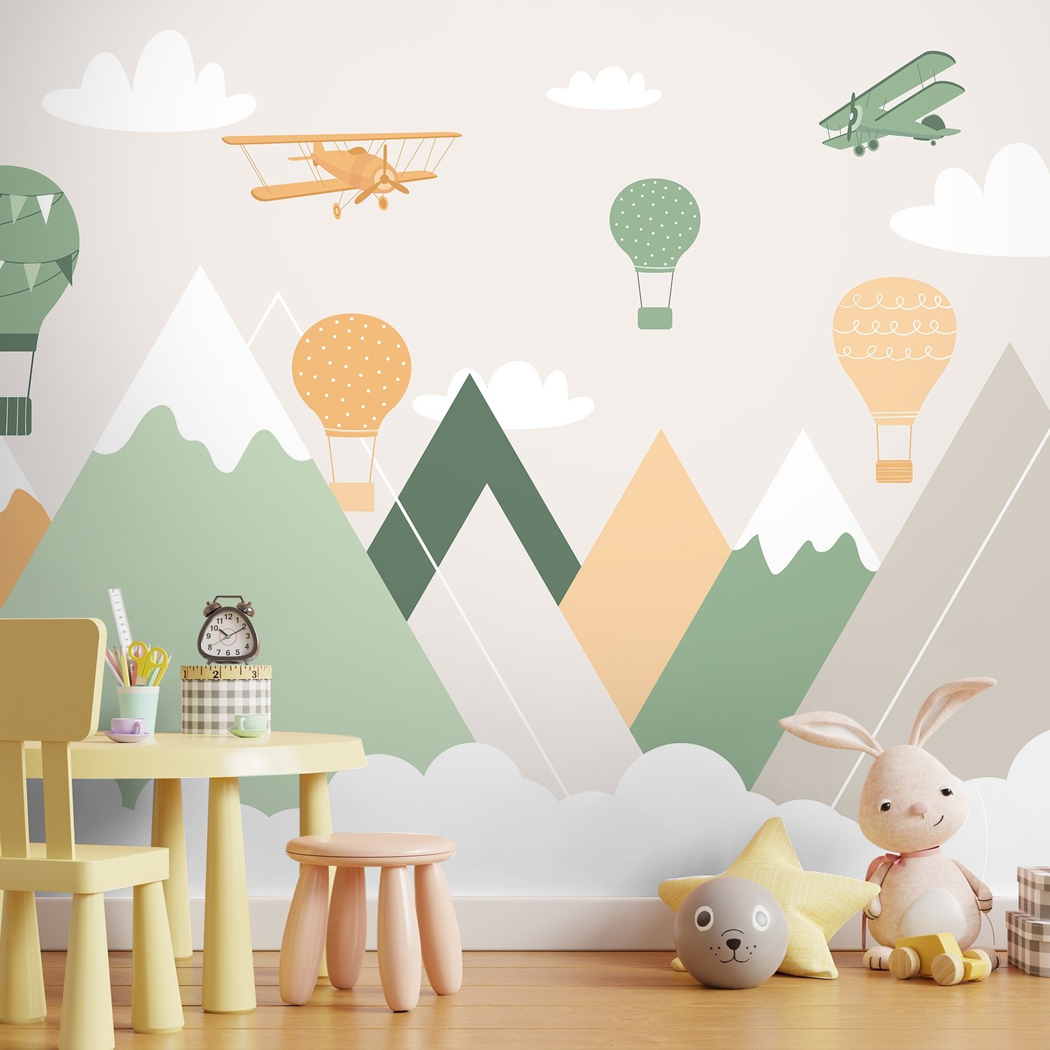 Nursery Mountain Landscape with Hot Air Balloons Wallpaper Mural - Peel and Stick