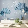 Blue Transparent Floral and White Butterflies Wallpaper Mural