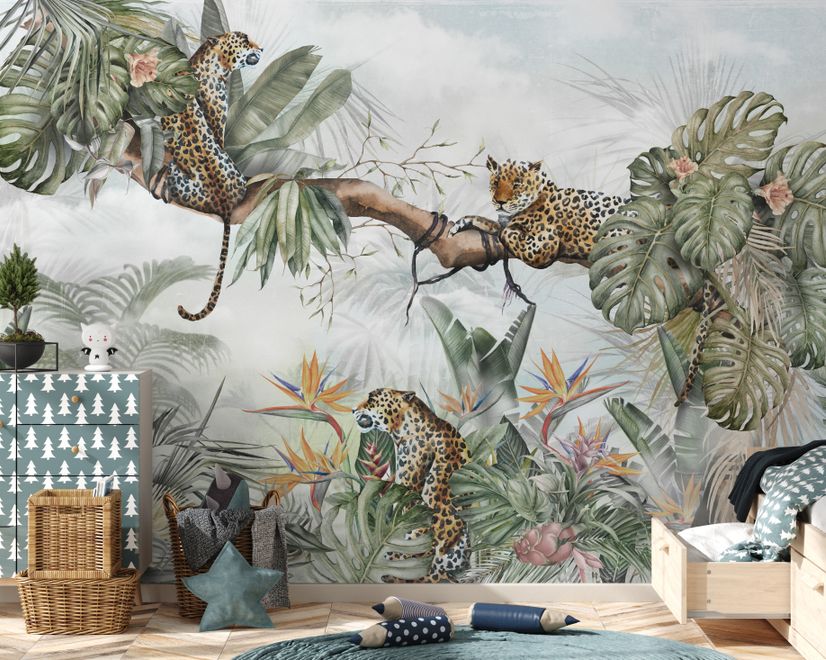Leopards and Tropical Leaves Wallpaper Mural