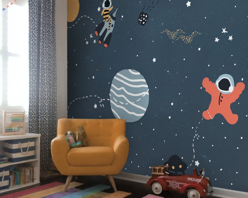 Papier peint panoramique de la chambre d'enfant avec des planètes colorées et des petites étoiles