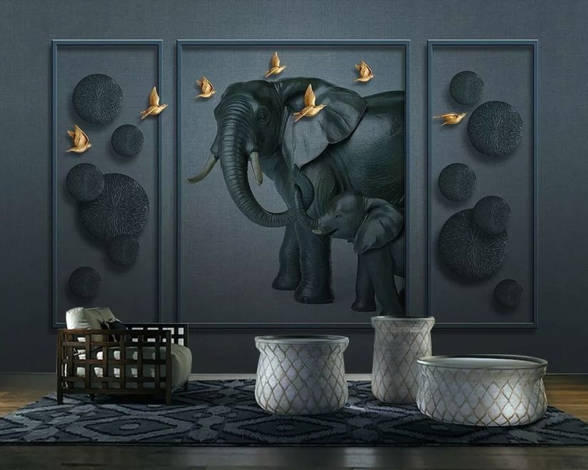 3D Embossed Look Dark Elephant and Birds Wallpaper Mural