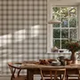 Neutral beige and brown plaid wallpaper with cream squares, taupe woven blocks and fine dark brown lines