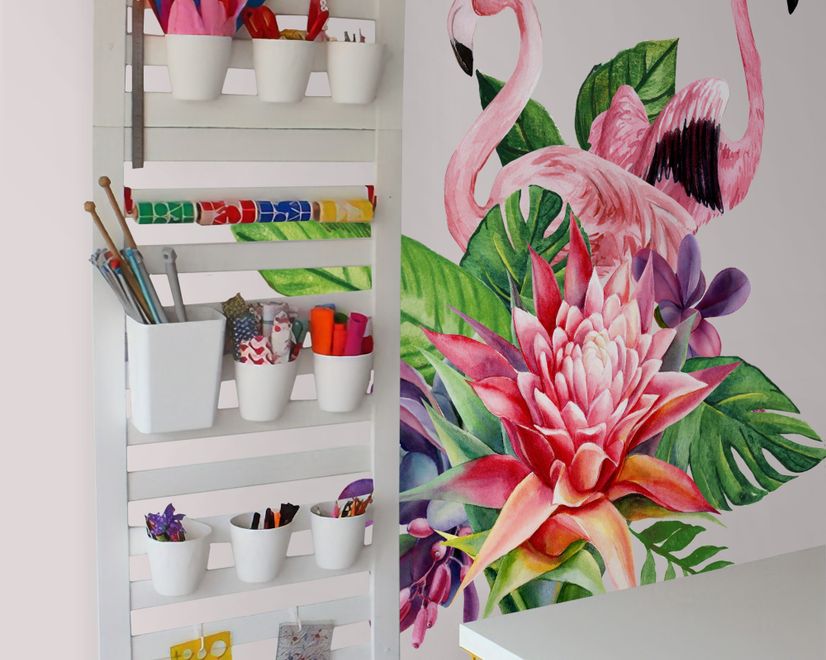 Tropical Protea Floral with Flamingo Wall Decal Sticker