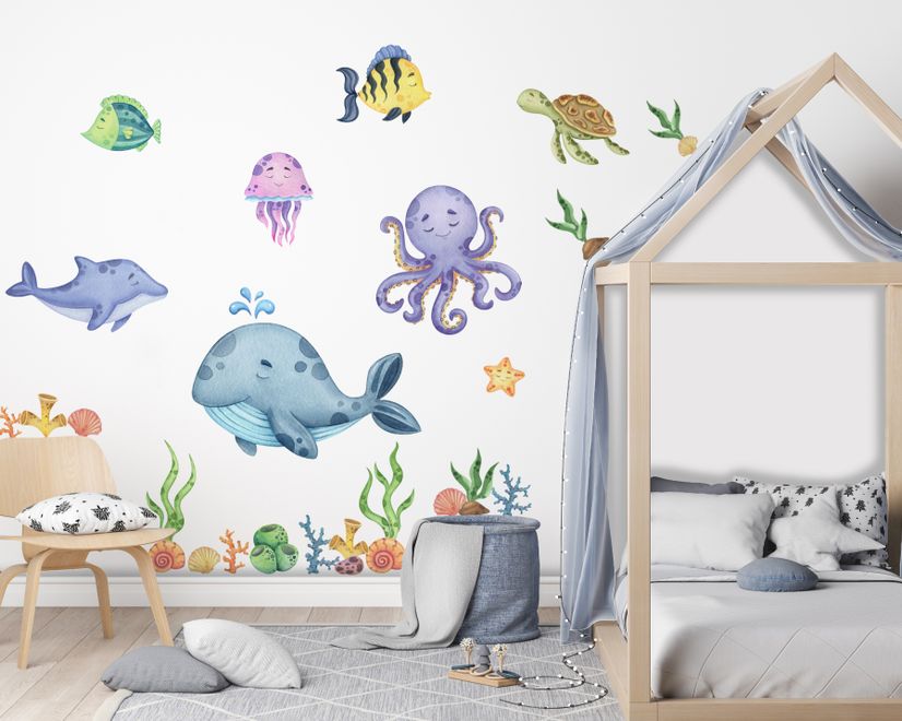 Kids Nursery Undersea Wall Decals Cute Whale with Sea Animals Wall Sticker