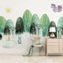 Papier peint panoramique aquarelle, arbres et animaux de dessins animés