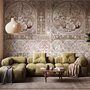 Antique wallpaper mural with Art Nouveau floral tile panels, sepia borders and blush botanical medallions