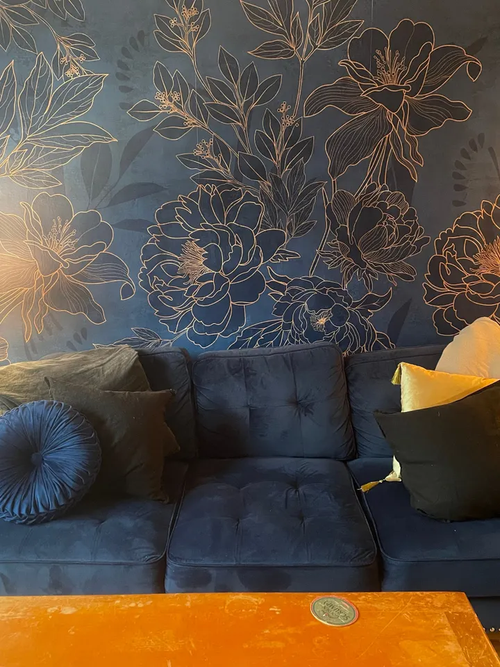 Dark Navy Peony Floral Drawing Art Wallpaper Mural