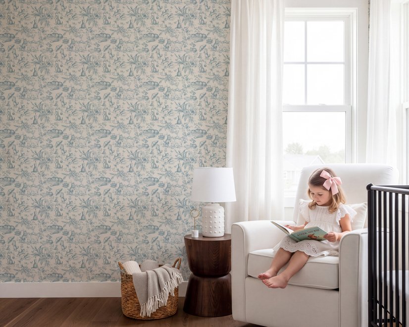 Cute cats wallpaper with dusty blue toile kittens, roses and garden scenes on warm cream