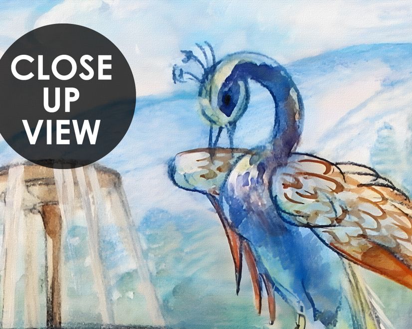 Painting Garden with Fountain, Peacock and Roman Column Wallpaper Mural