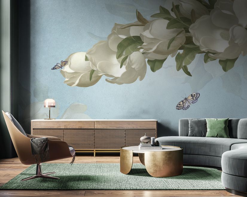 Gardenia Floral and Butterfly Wallpaper Mural