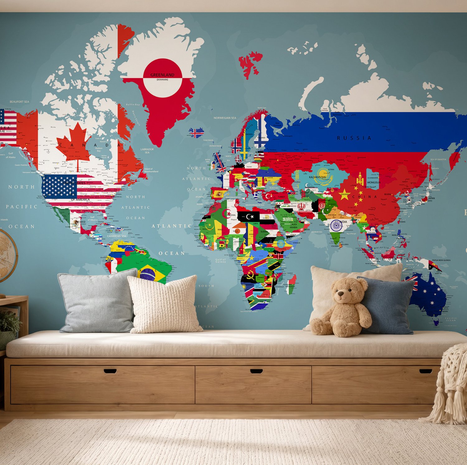 Country Flags on World Map Wallpaper Mural - Peel and Stick
