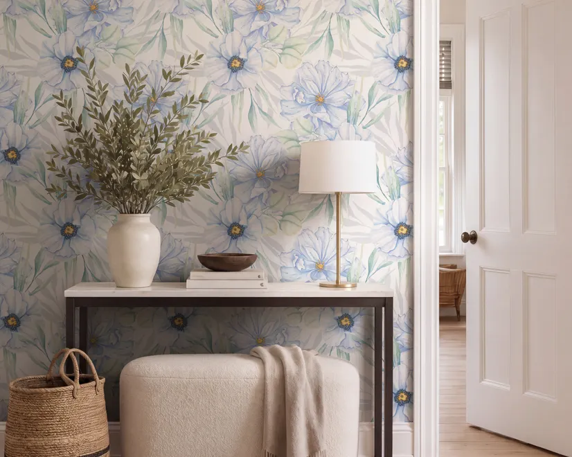 Blue floral wallpaper with watercolour anemone blooms, mint sage leaves and yellow ochre centres on white