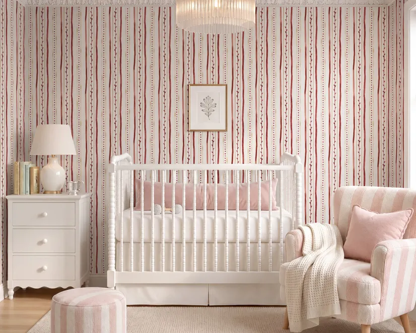 Watercolor stripe leaf wallpaper with burgundy dots and heart leaves on a bright white ground