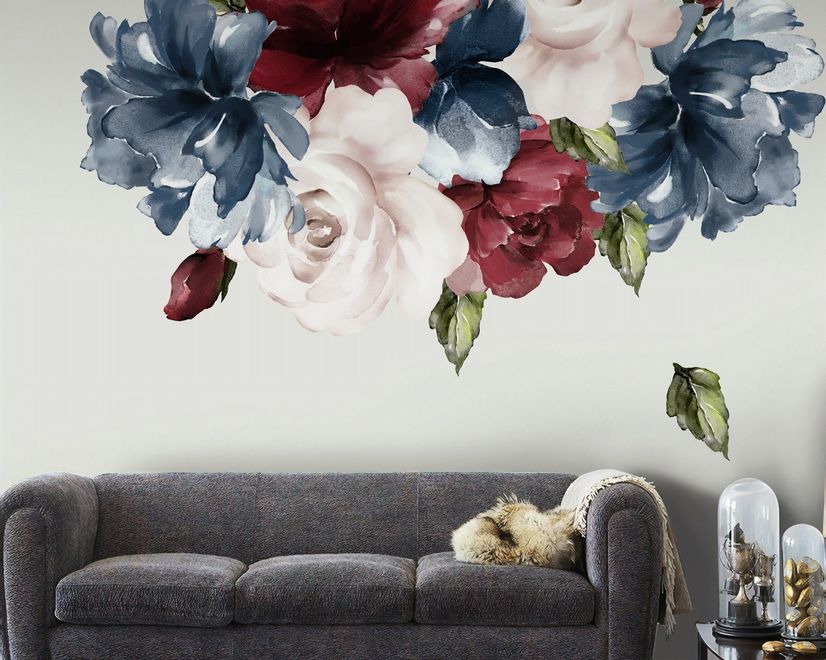 Dark Blue Red Peony Floral Bouqet Wall Decal Sticker
