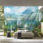 Papier peint panoramique cascade et cygne blanc avec fleurs de jardin
