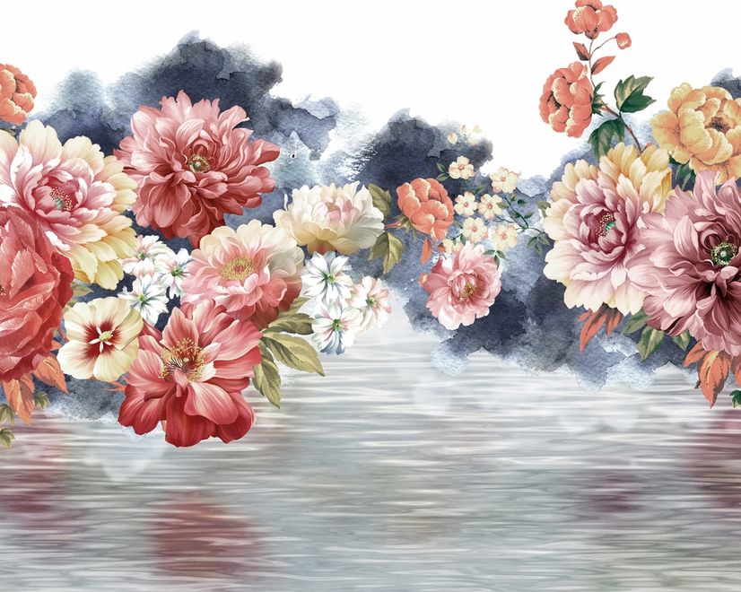 Vintage Red and Pink Blooms Floral on Smoky Background Wallpaper Mural