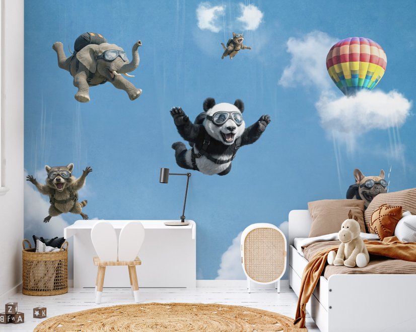 Kinder Fototapete mit spielerischen Tieren beim Fallschirmspringen