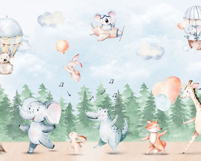 Papier peint animaux mignons dansant dans la forêt pour enfants
