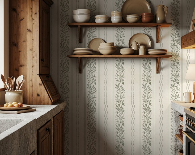 Green aesthetic wallpaper with sage leafy sprigs, fine vertical rules and dotted borders on cream ivory