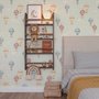 Watercolor blue wallpaper with hot air balloons, cream clouds and peach stars on pale sage green