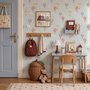 Hot air balloon wallpaper with watercolor balloons, ivory clouds and peach gold stars on pale powder blue