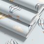 Hot air balloon wallpaper with watercolor balloons, ivory clouds and peach gold stars on pale powder blue