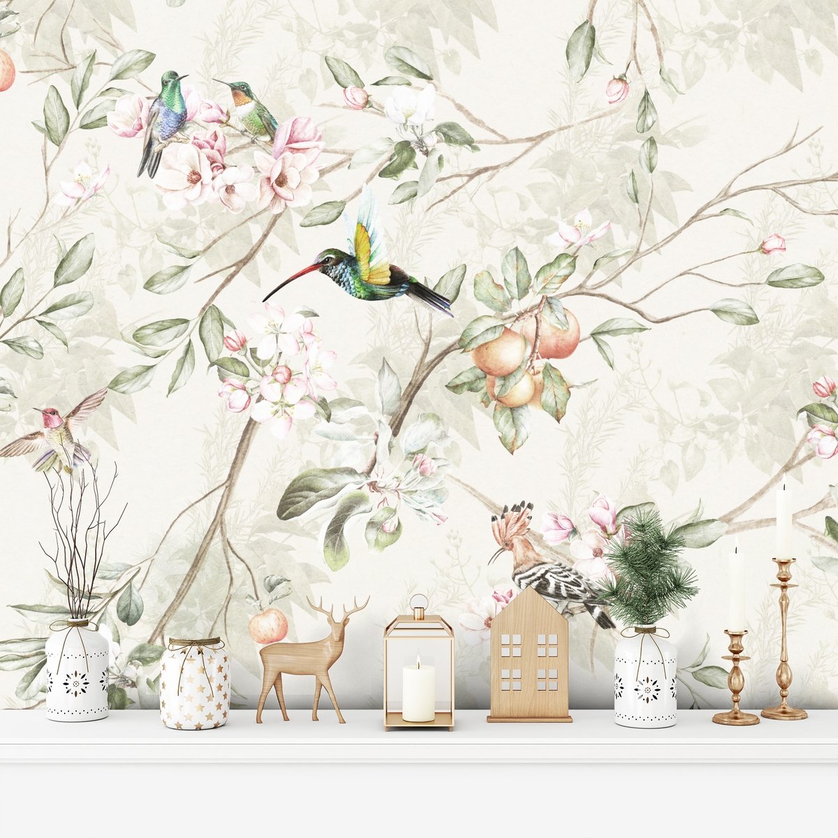 Vintage Blossoms With Birds Wallpaper Mural - Peel and Stick