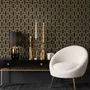 Black wallpaper with gold vertical chain link Art Deco repeat on a textured charcoal ground