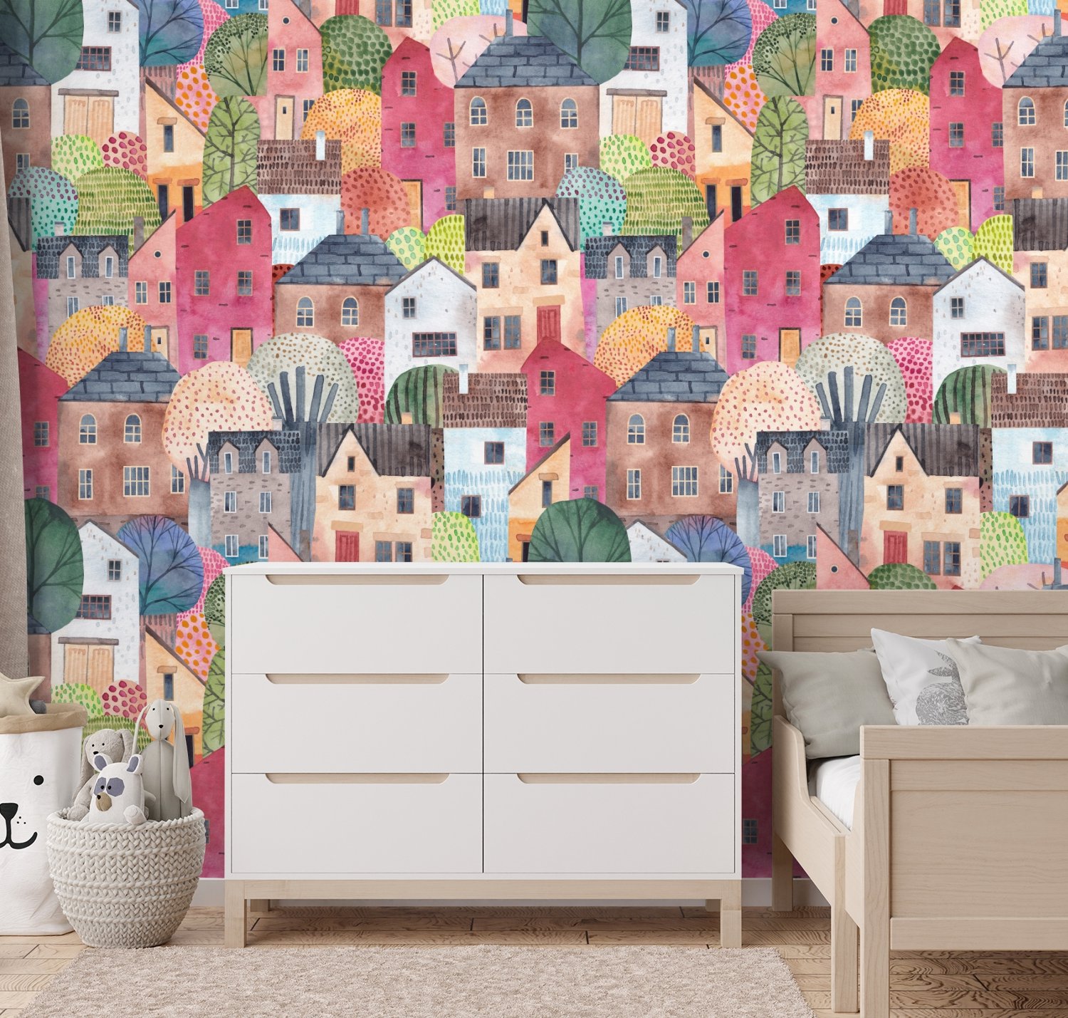 Kids Watercolor Cute Town House Wallpaper Mural - Peel and Stick