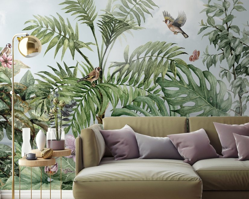 Papier peint feuilles tropicales oiseaux fleurs