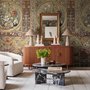 Antique style wallpaper mural with tulip vase medallion, floral tile panels and burgundy borders
