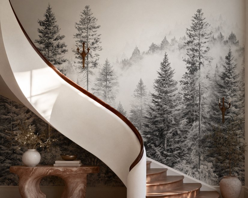 Monochrome forest with fog wallpaper mural showing tall pine trees, firs and silver-grey mist
