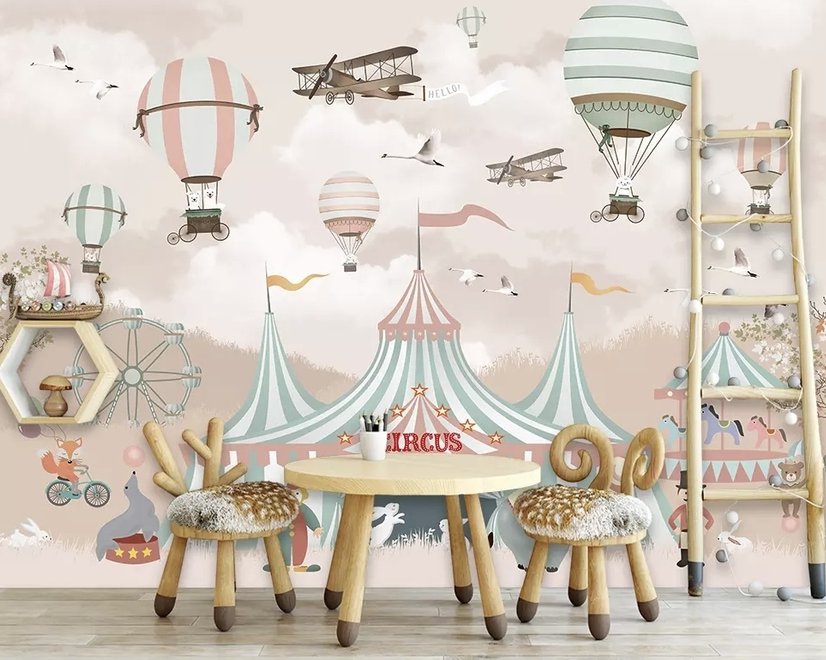 Papier peint panoramique cirque de dessin animé pour enfants avec montgolfière