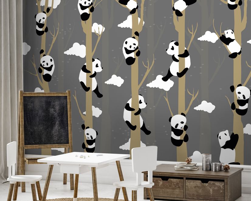 Cartoon Pandas with Tree Branches Wallpaper Mural