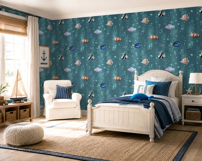 Kids Watercolor Ocean Fish Underwater Wallpaper Mural