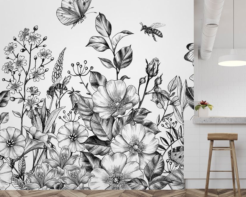 Papier peint panoramique floral noir et blanc