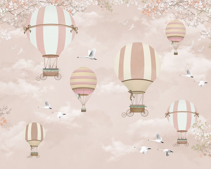 Papier peint montgolfière rose fleurs cerisier enfants