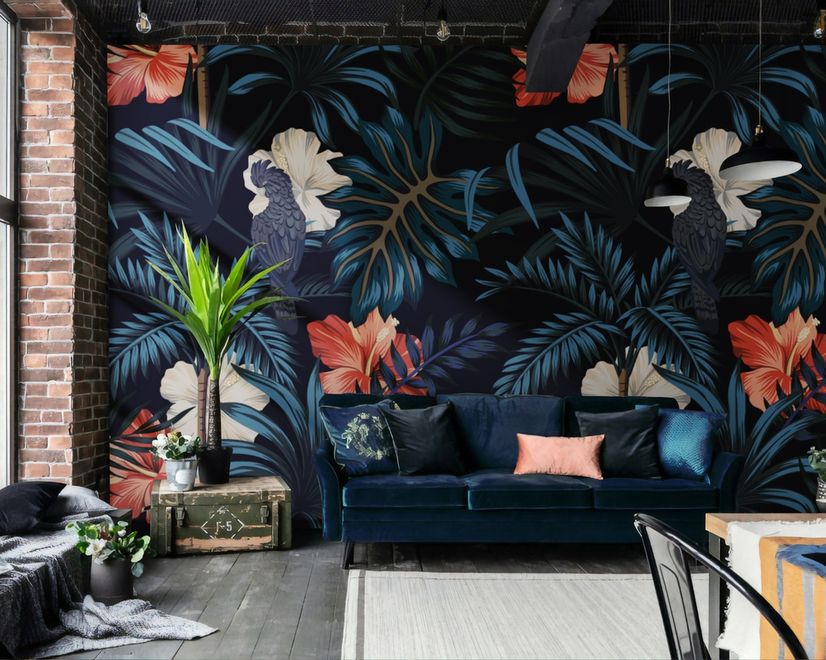 Exotic Leaves with Birds Wallpaper Mural