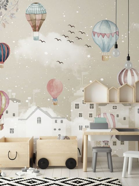 Kids Nursery Cartoon Winter and Little Hot Air Balloon Wallpaper Mural