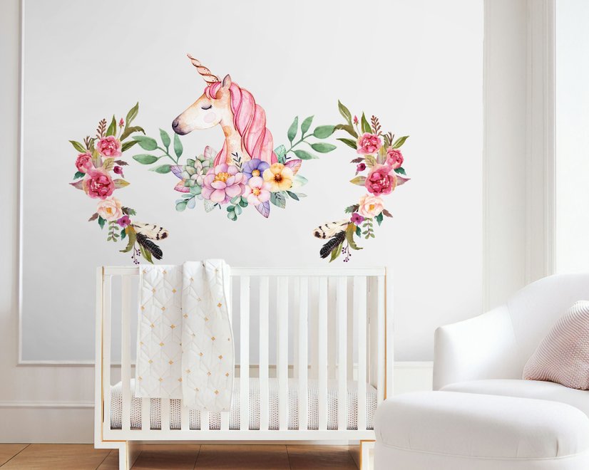 Stickers muraux licorne rose floraux colorés enfants