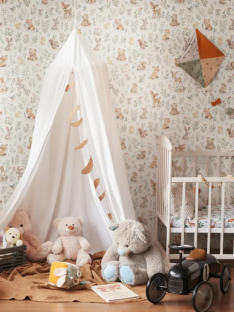 Woodland nursery wallpaper pattern with watercolour fawns, fox cubs, rabbits, teddy bears, birds and ducklings on cream