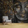 3D-Look Wandtapete mit Beton-Buddha-Gesicht und Blättern