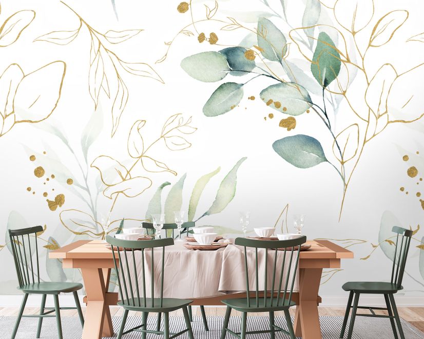 Papier peint panoramique à motif de feuilles d'eucalyptus