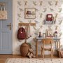 Kids wallpaper with sage, caramel and blue-gray watercolor dragons, clouds, sun and stars on white