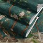 Floral wallpaper with birds in a teal chinoiserie garden with blossoms, pheasant, palms and stone railings